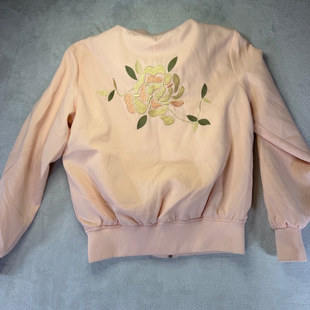 Forever 21 Pink Floral Embroidered Bomber Jacket Full Zip Medium Style 19815 - Picture 2 of 7